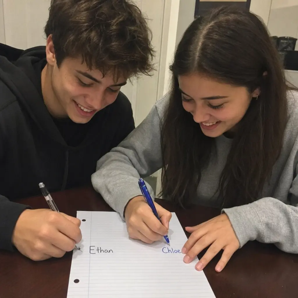 Two people smiling and writing names on a piece of notebook paper with a pen