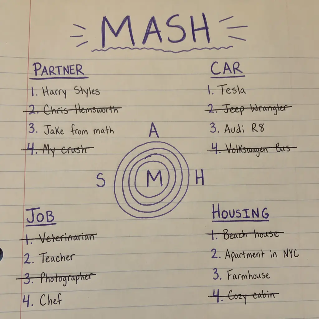 A handwritten MASH game board with categories for partner, car, job, and housing