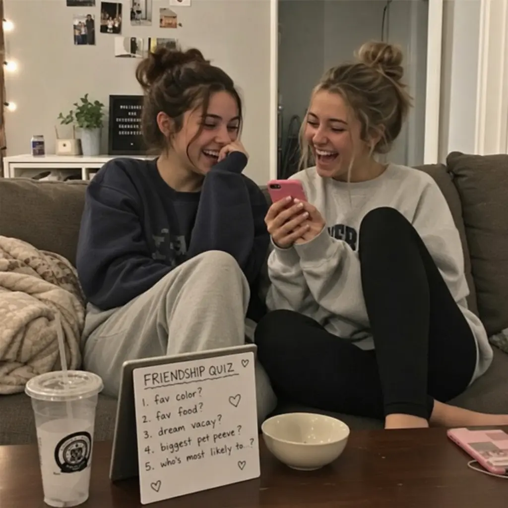 Two best friends laughing while sitting on a couch taking a friendship quiz