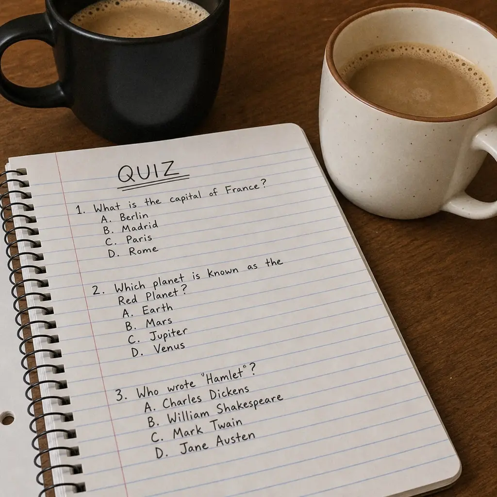 A close-up of a notebook with quiz questions and two cups of coffee
