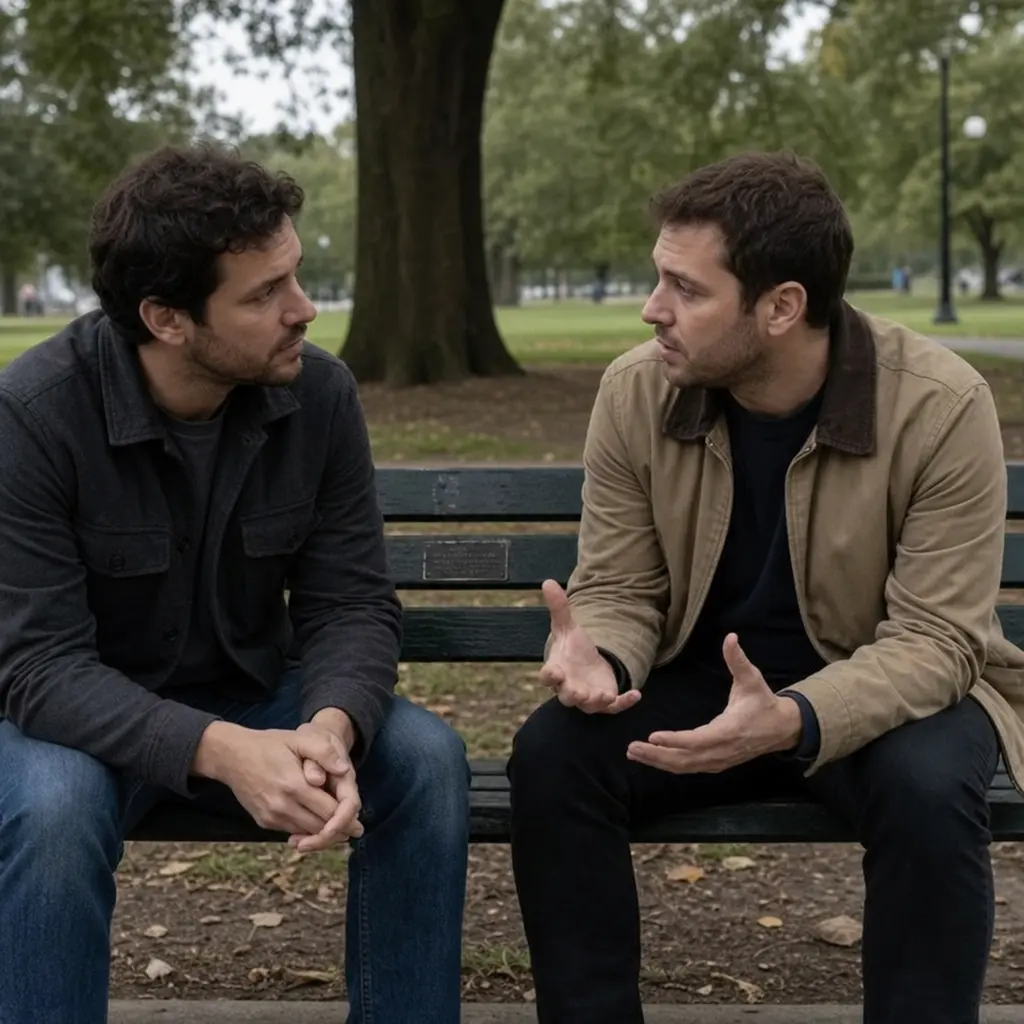 Two adult friends having a deep and meaningful conversation on a park bench