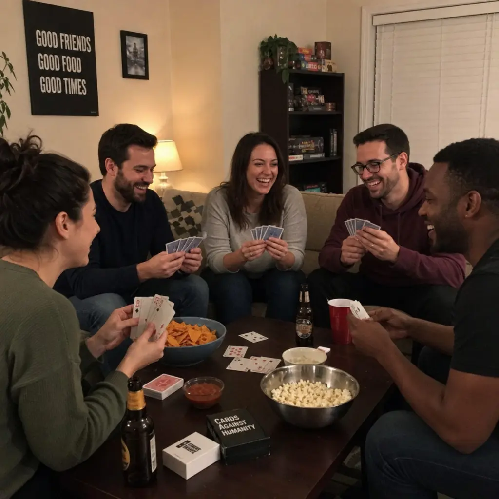 A group of adult friends enjoying a game night at home with cards and snacks