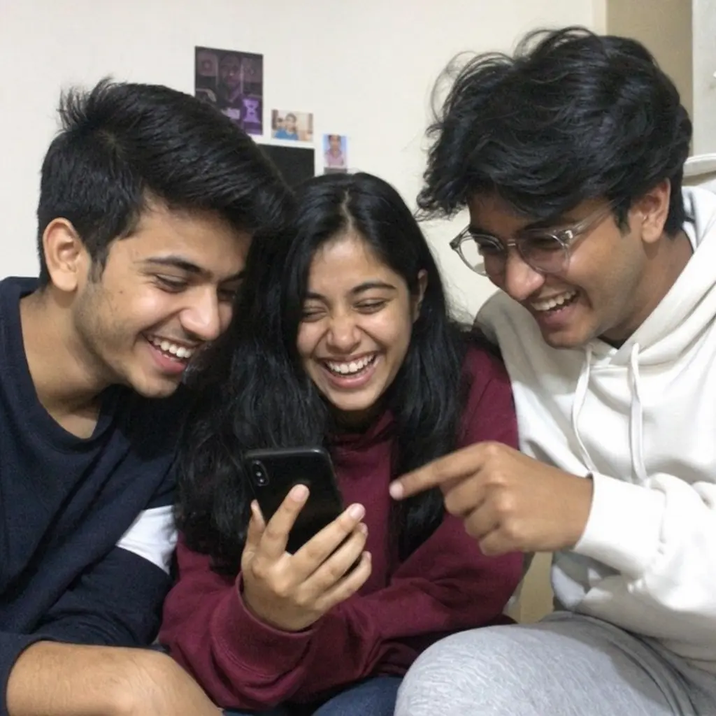 Friends laughing while looking at a smartphone screen together