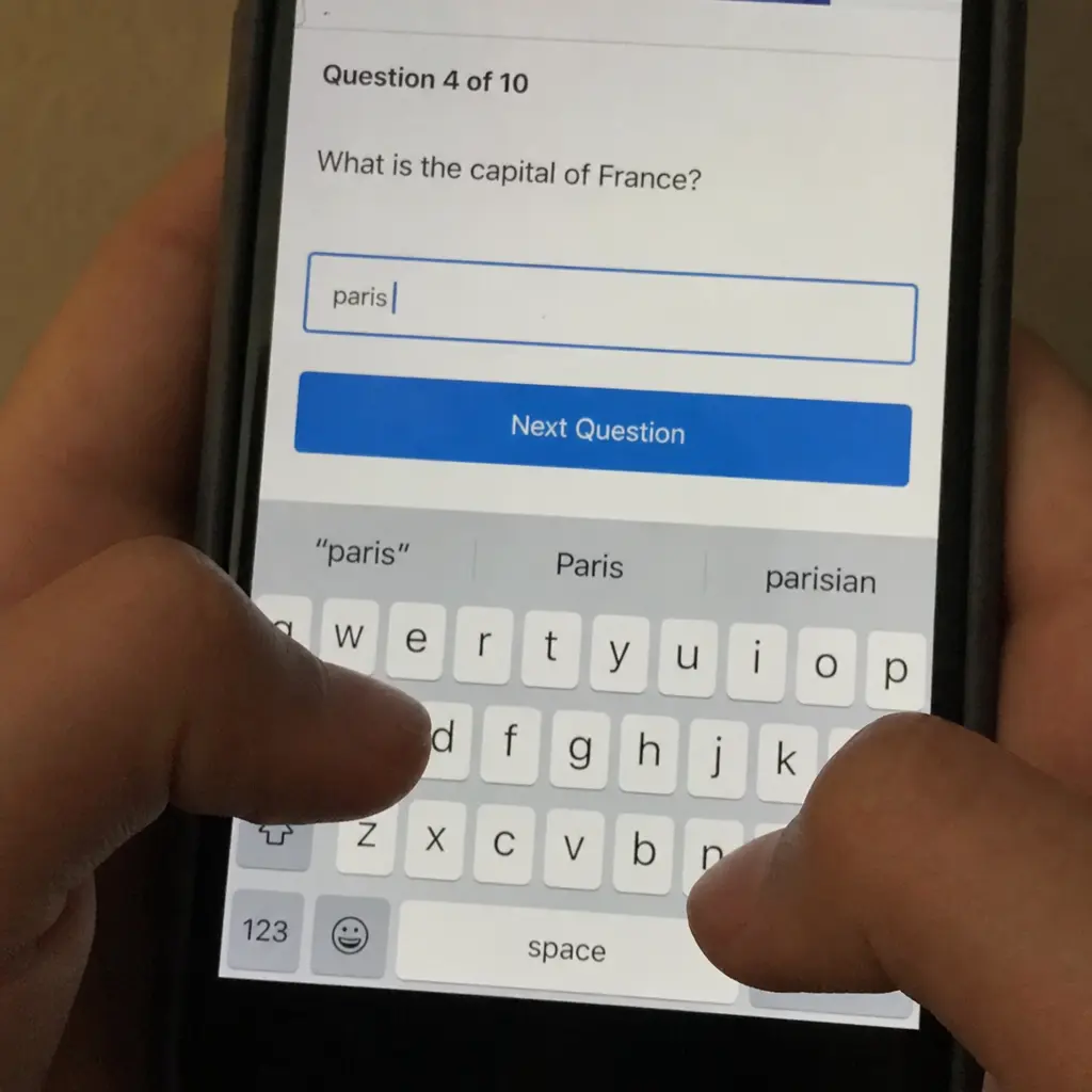A close up of a person typing a quiz on a mobile phone keyboard