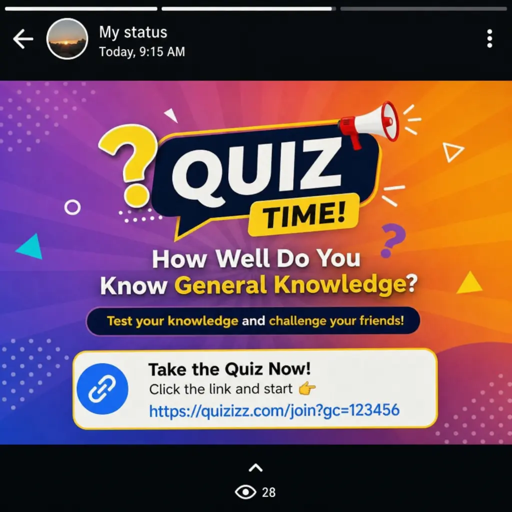 Screenshot of a colorful WhatsApp status with a quiz link