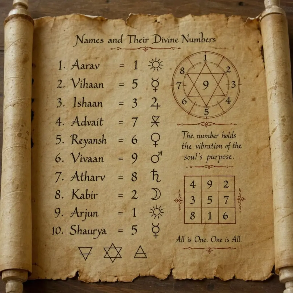 An ancient scroll with names and numerology symbols